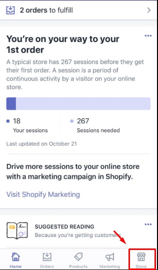 To add an online sales channels to your Shopify admin on iPhone 1