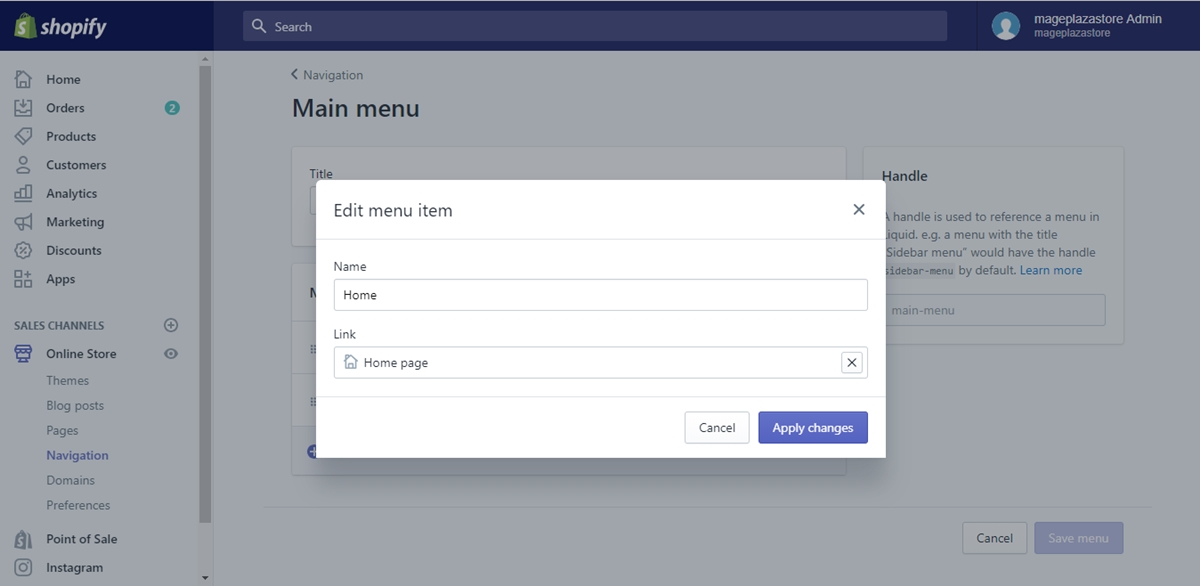 how edit menu item shopify