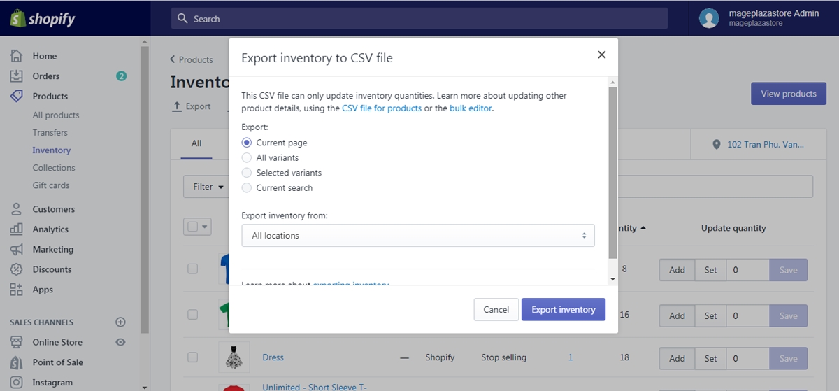 how export inventory shopify