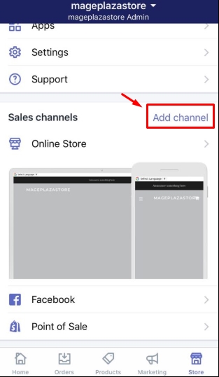 To add an online sales channels to your Shopify admin on iPhone 2