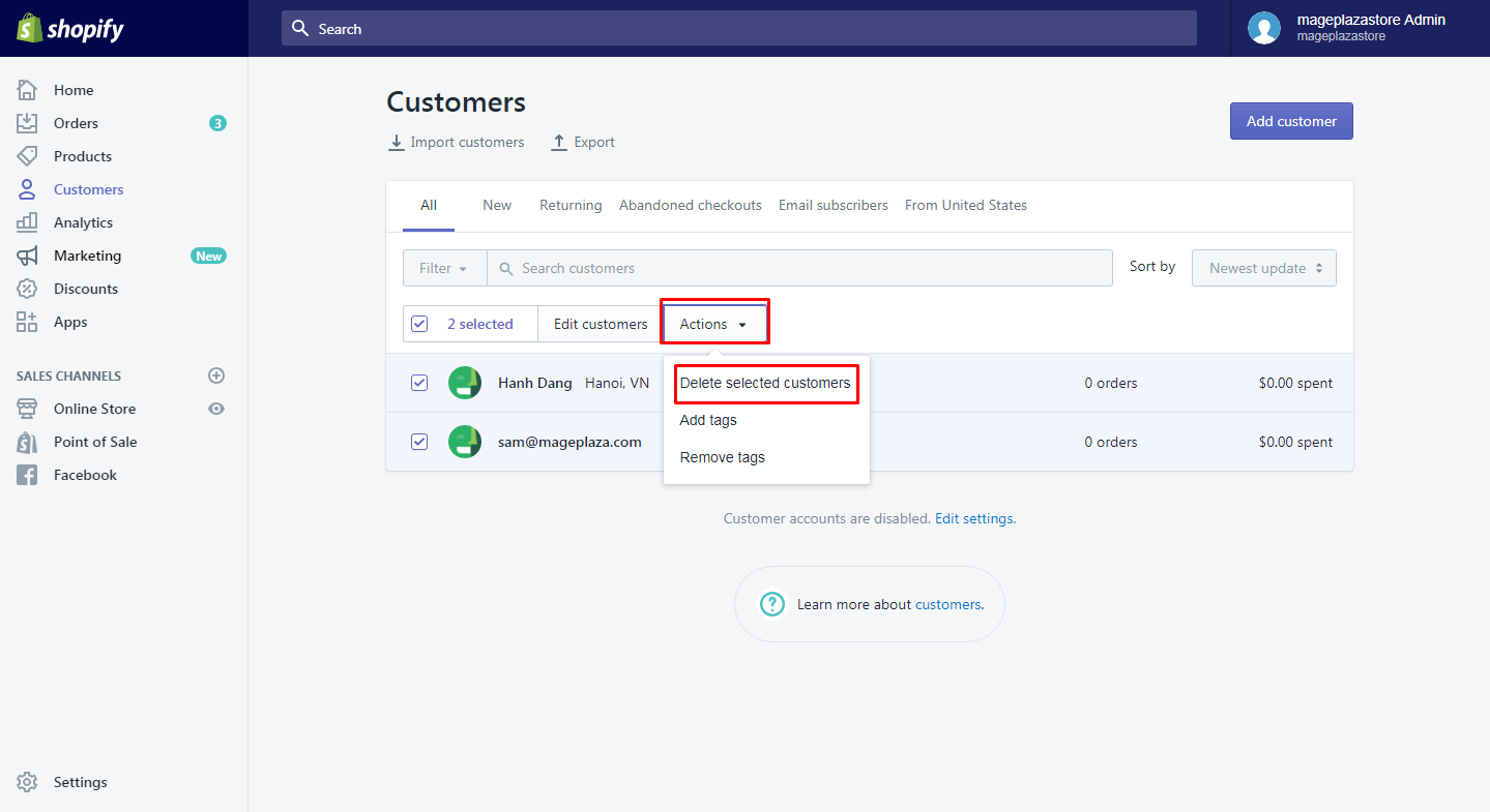 how delete customers shopify