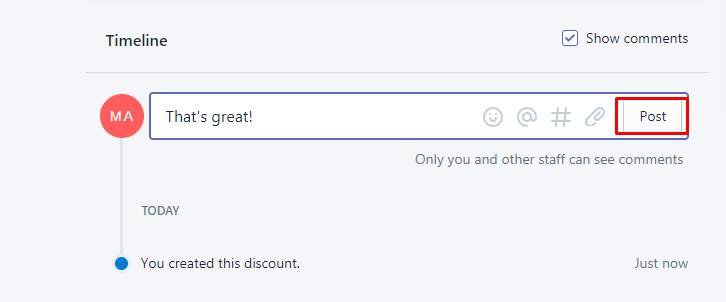 how to view and make comments on a discount's timeline