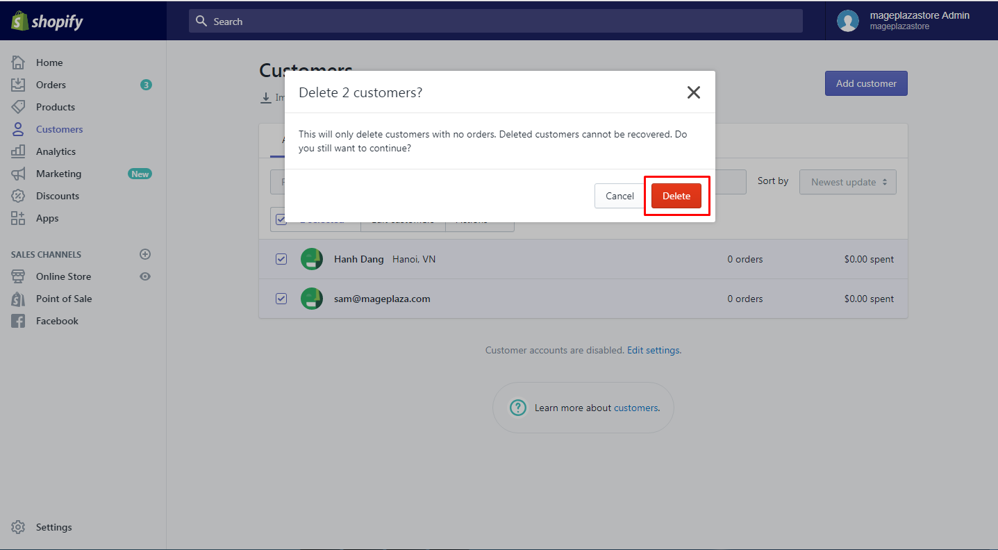 how delete customers shopify