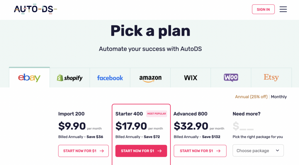 AutoDS's pricing structure depends on your selling platform