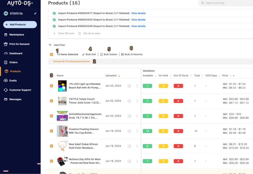 AutoDS's bulk action feature is designed to be more flexible and customizable