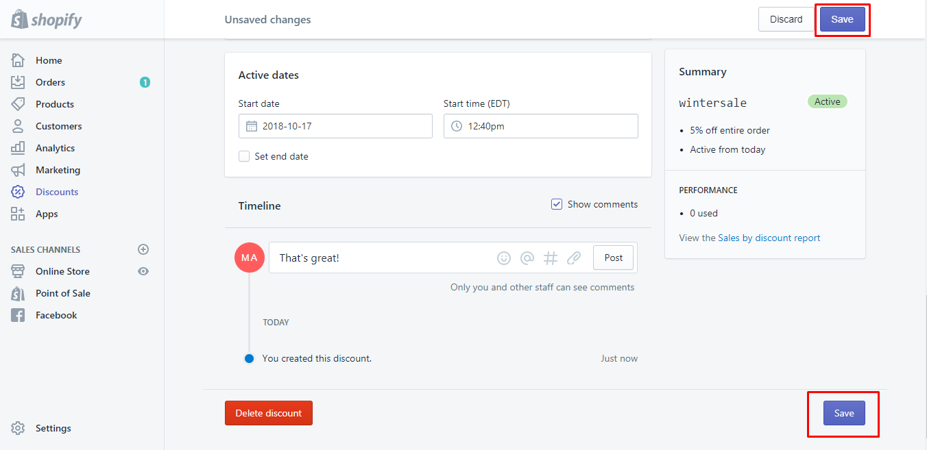 how to view and make comments on a discount's timeline