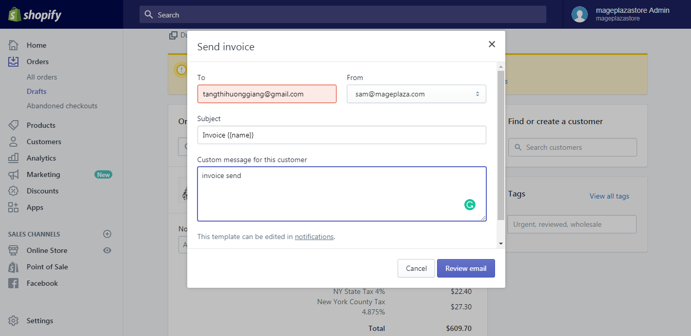 how email invoice shopify
